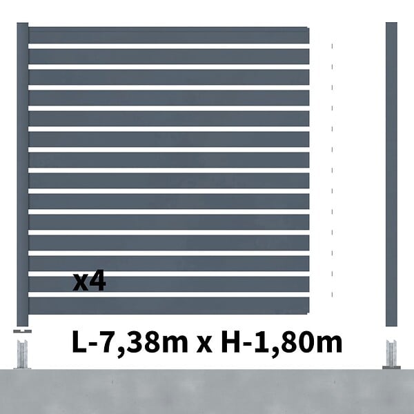 DECKLINEA - Kit Clôture Ajourée Aluminium OLINDA Anthracite 7,38x1,8m Poteaux sur Platines - Dimension des Lames : 21x100x1780 mm - Brise vue - Palissade - large