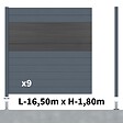 DECKLINEA - Kit Clôture Aluminium BAHIA & CRUZ Ardoise 16,5x1,8m - Aluminium et bois composite - Poteaux sur Platines gris - Brise vue - Palissade - vignette
