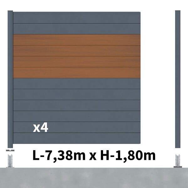 DECKLINEA - Kit Clôture Aluminium BAHIA & CRUZ Teck 7,38x1,8m - Aluminium et bois composite - Poteaux sur Platines gris - Brise vue - Palissade - large