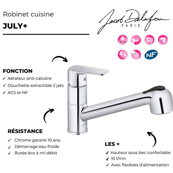 JACOB DELAFON - Robinet cuisine avec douchette extractible July+ chromé - large