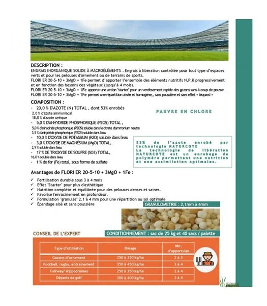 FLORIVERT - Engrais starter Flori ER 20-5-10   3 MgO   1 Fe (3/4) 25kg, idéal relance printemps - Florivert NEG01810 - large