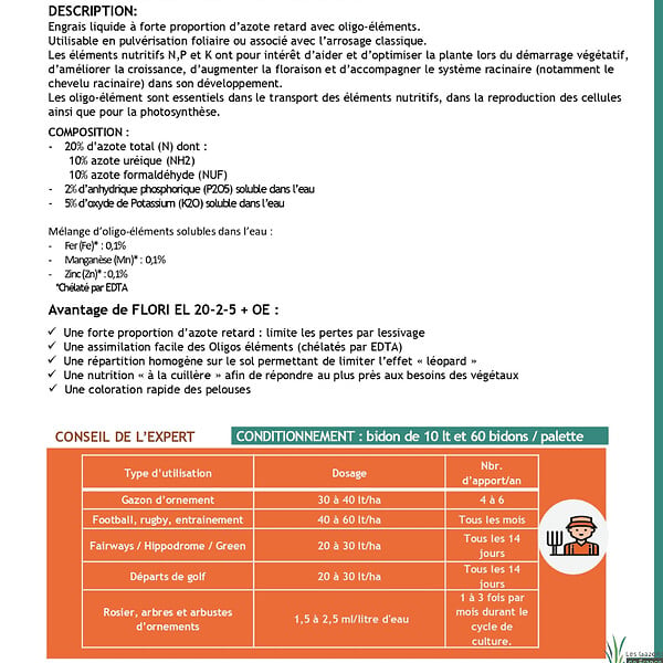FLORIVERT - Engrais gazon Flori EL 20-2-5 10L libération lente, pour pelouses bien vertes - Florivert NEG00987 - large