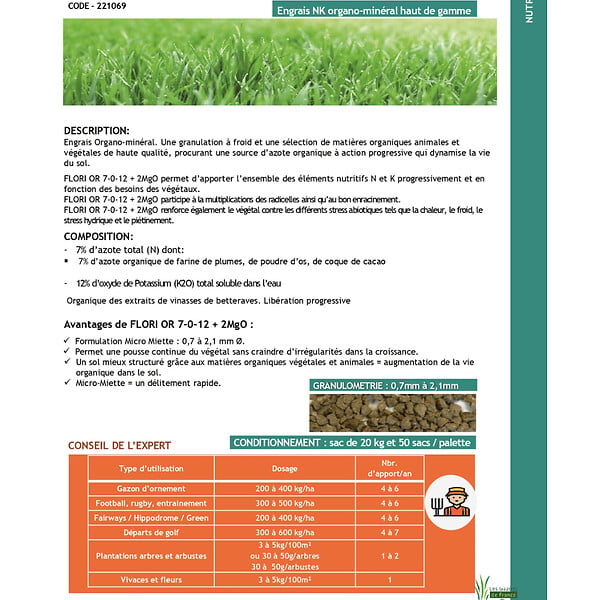 FLORIVERT - Engrais progressif Flori Or 7-0-12   2MgO   ABM 25 kg renforce le gazon et les végétaux - Florivert NEG00977 - large