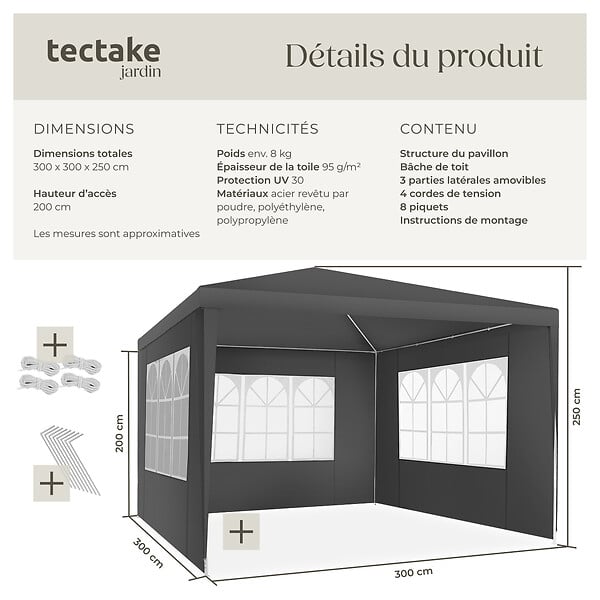 TECTAKE - Pavillon imperméable BARINAS avec 3 parois latérales gris - large