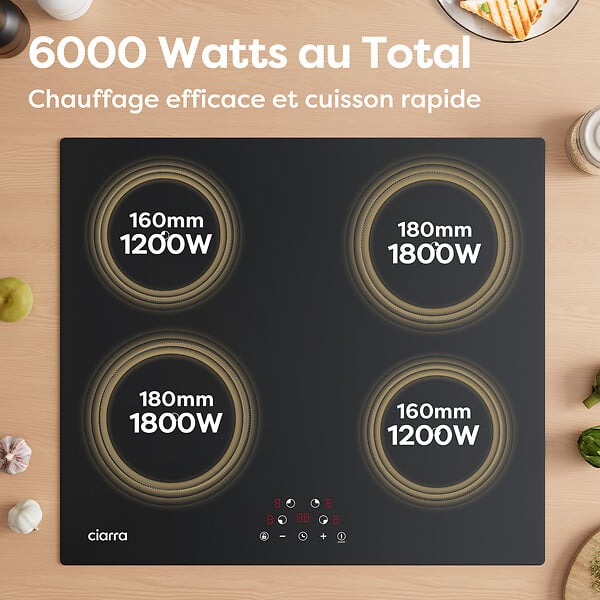 CIARRA - Table de cuisson à induction 4 Foyers 6000W Noir CD4BIH-F - large