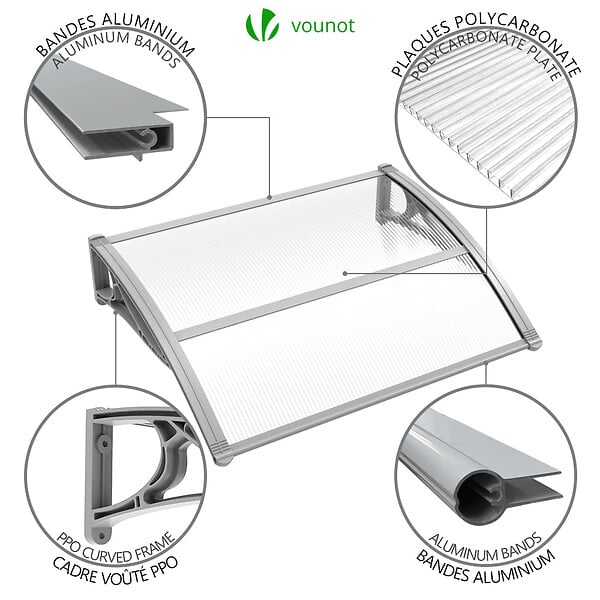 VOUNOT - Auvent de porte marquise 100x80 cm transparent en Polycarbonate anti UV Gris - large