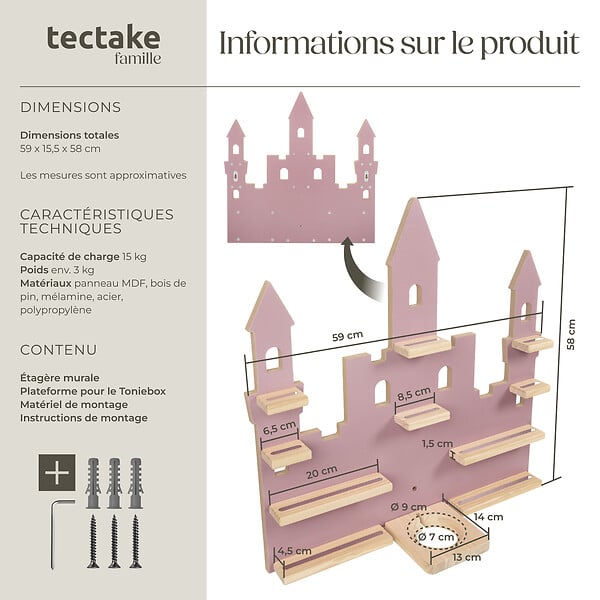 TECTAKE - Étagère murale MyLittleStory Princess Castle, jusqu'à 22 Tonies rose - large