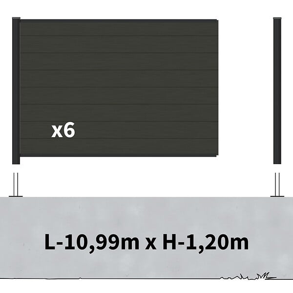 DECKLINEA - Kit Clôture Composite sur Muret RIO Anthracite 11x1,2m - Bois composite & Aluminium - Poteaux sur Platines Noir - Brise vue - large