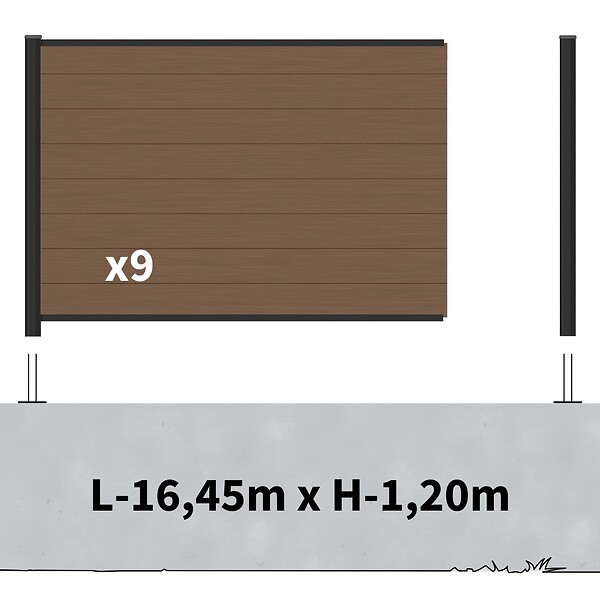 DECKLINEA - Kit Clôture Composite sur Muret RIO Bronze 16,5x1,2m - Bois composite & Aluminium - Poteaux sur Platines Noir - Brise vue - large