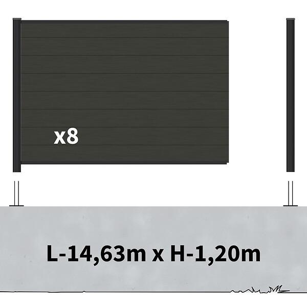 DECKLINEA - Kit Clôture Composite sur Muret RIO Anthracite 14,5x1,2m - Bois composite & Aluminium - Poteaux sur Platines Noir - Brise vue - large