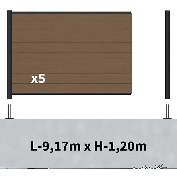 DECKLINEA - Kit Clôture Composite sur Muret RIO Bronze 9x1,2m - Bois composite & Aluminium - Poteaux sur Platines Noir - Brise vue - large