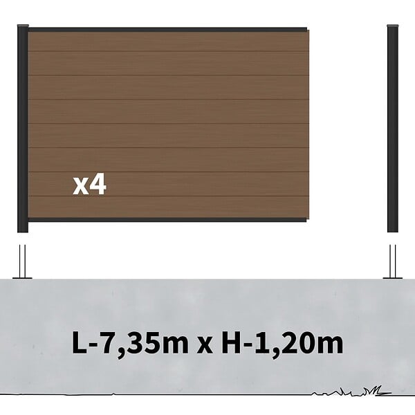 DECKLINEA - Kit Clôture Composite sur Muret RIO Bronze 7,5x1,2m - Bois composite & Aluminium - Poteaux sur Platines Noir - Brise vue - large