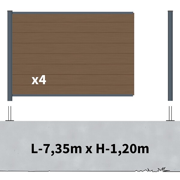 DECKLINEA - Kit Clôture Composite sur Muret RIO Bronze 7,5x1,2m - Bois composite & Aluminium - Poteaux sur Platines Gris - Brise vue - large