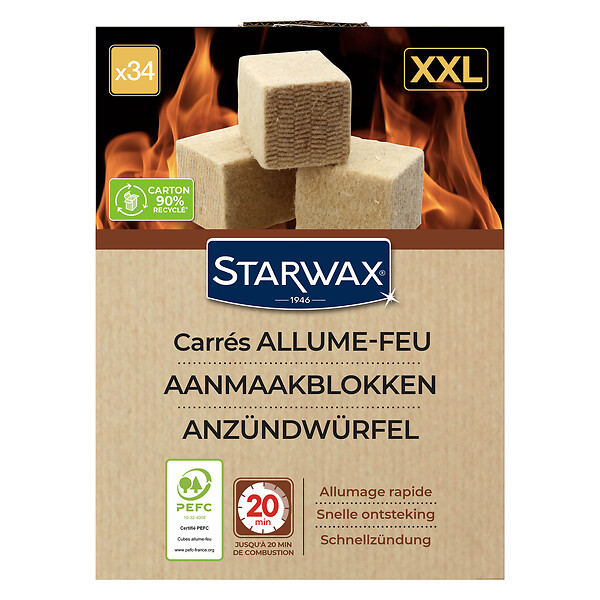 STARWAX - Cubes allume-feu XXL PEFC - 34 cubes - 20 min de combustion - large