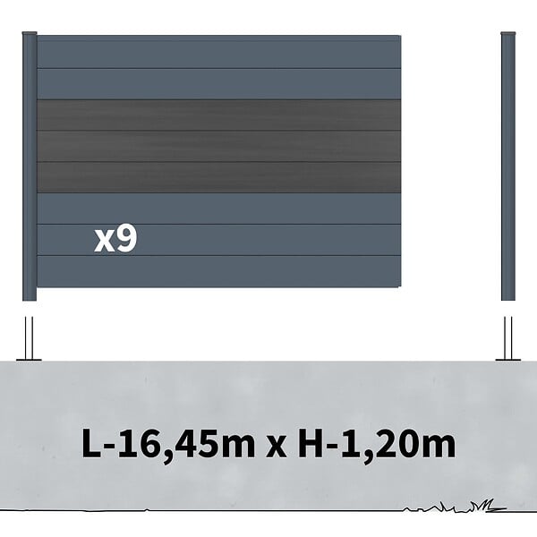 DECKLINEA - Kit Clôture Aluminium BAHIA & CRUZ Ardoise 16,5x1,2m - Bois Composite & Aluminium - Poteaux Gris - Brise Vue - Palissade - large