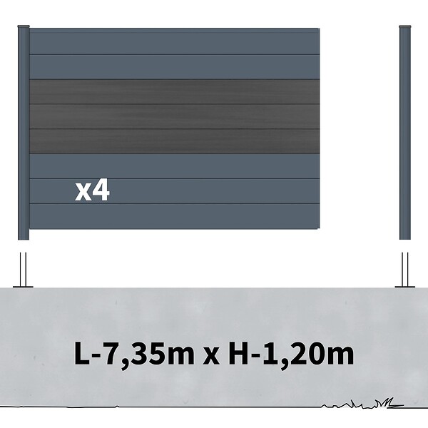 DECKLINEA - Kit Clôture Aluminium BAHIA & CRUZ Ardoise 7,38x1,2m - Bois Composite & Aluminium - Poteaux Gris - Brise Vue - Palissade - large