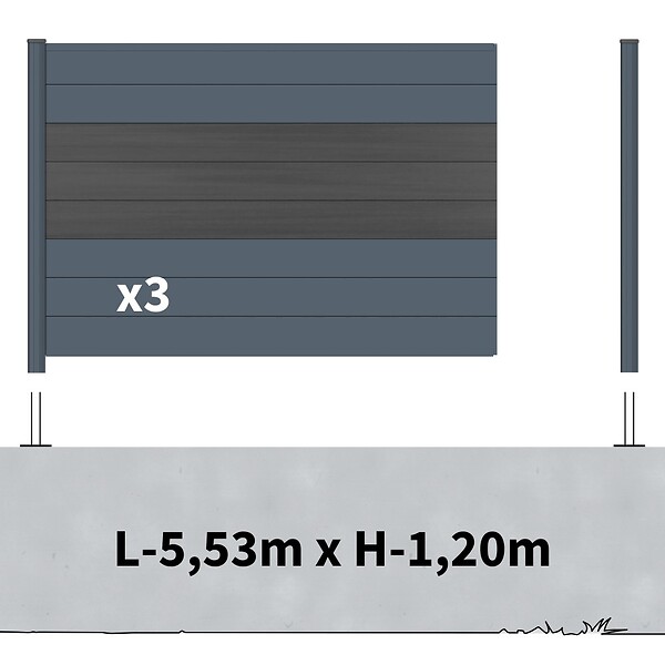 DECKLINEA - Kit Clôture Aluminium BAHIA & CRUZ Ardoise 5,5x1,2m - Bois Composite & Aluminium - Poteaux Gris - Brise Vue - Palissade - large