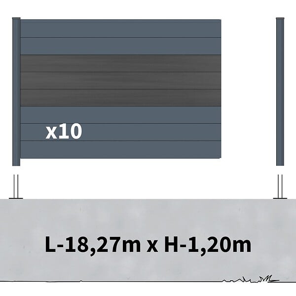 DECKLINEA - Kit Clôture Aluminium BAHIA & CRUZ Ardoise 18,33x1,2m - Bois Composite & Aluminium - Poteaux Gris - Brise Vue - Palissade - large