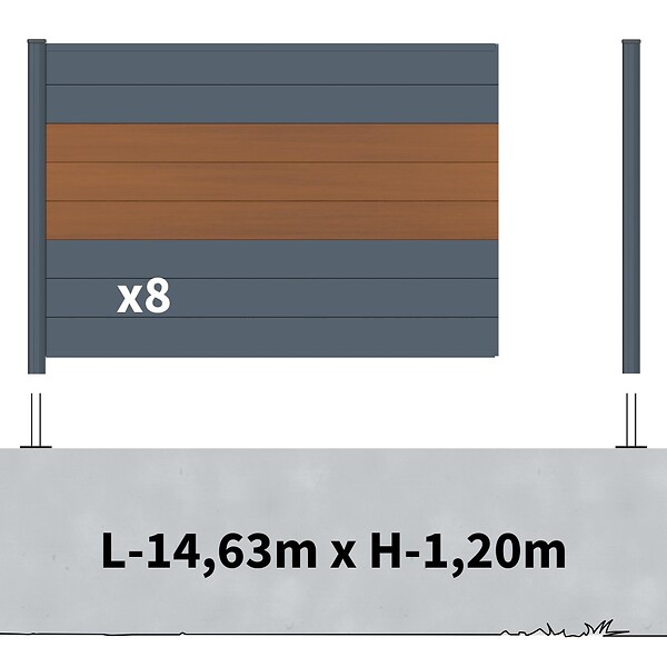 DECKLINEA - Kit Clôture Aluminium BAHIA & CRUZ Teck 14,68x1,2m - Bois Composite & Aluminium - Poteaux Gris - Brise Vue - Palissade - large