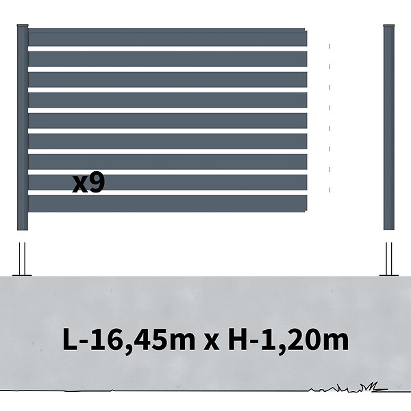 DECKLINEA - Kit Clôture Aluminium Ajourée sur Muret OLINDA Anthracite 16,5x1,2m - Lames ajourées 21x45x1780 mm - Brise Vue - Palissade - large