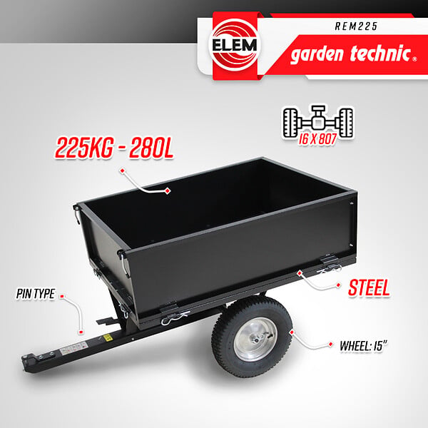 ELEM GARDEN TECHNIC - Remorque pour tracteur tondeuse avec benne basculante - charge max 225kg. - large