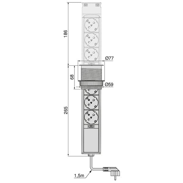 EMUCA - Multiconnecteur Vertikal Push 60, diamètre 60 mm, 3 prises de type Schuko, 1 USB de type A, 1 USB de type C, Acier et plastique, Acier inoxydable - large