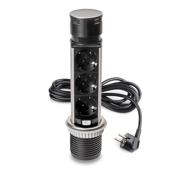 EMUCA - Multiconnecteur Vertikal Push 60, diamètre 60 mm, 3 prises de type Schuko, 1 USB de type A, 1 USB de type C, Acier et plastique, Acier inoxydable - large
