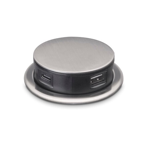 EMUCA - Multiconnecteur Vertikal Push 60, diamètre 60 mm, 3 prises de type Schuko, 1 USB de type A, 1 USB de type C, Acier et plastique, Acier inoxydable - large