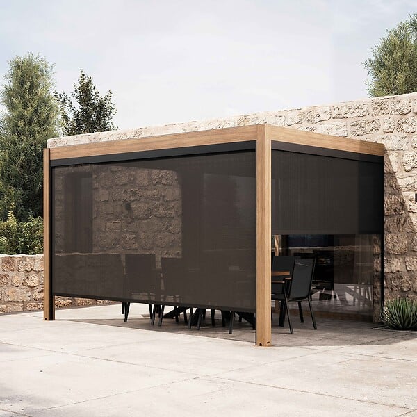 OVIALA - Pergola bioclimatique adossée 3x4m et 2 stores bois gris - Oia - large