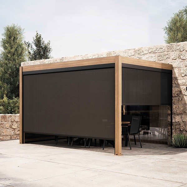 OVIALA - Pergola bioclimatique adossée 3x4m et 3 stores en bois gris - Oia - large