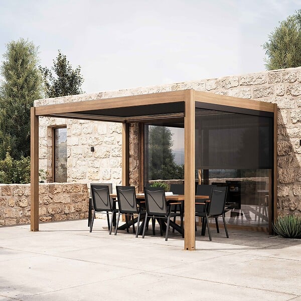 OVIALA - Pergola bioclimatique autoportée et motorisée éclairée 3x4m et 1 store - Kavala - large