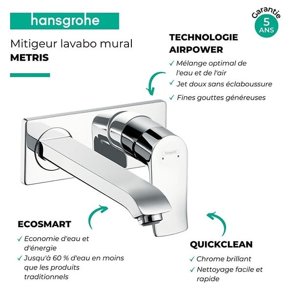 HANSGROHE - Mitigeur lavabo encastré mécanique Metris 225 mm + corps encastré - large