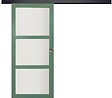 GD MENUISERIES - Porte Coulissante Vert Sauge RAL 6021 Vitrée H204 x L83 cm, Rail Alu Bandeau Noir, coquilles - vignette