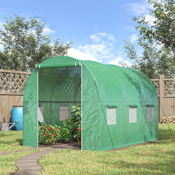 OUTSUNNY - Serre de jardin tunnel surface sol 6 m² 3L x 2l x 2H m châssis tubulaire renforcé porte zippée 6 fenêtres enroulables vert - large