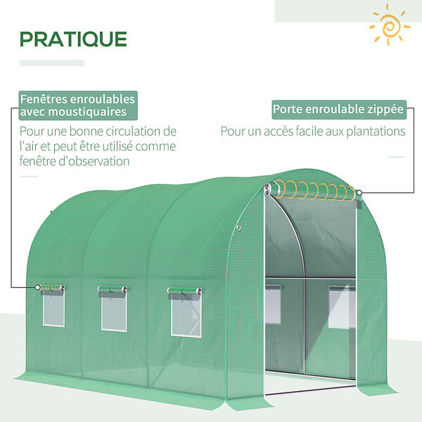 OUTSUNNY - Serre de jardin tunnel surface sol 6 m² 3L x 2l x 2H m châssis tubulaire renforcé porte zippée 6 fenêtres enroulables vert - large