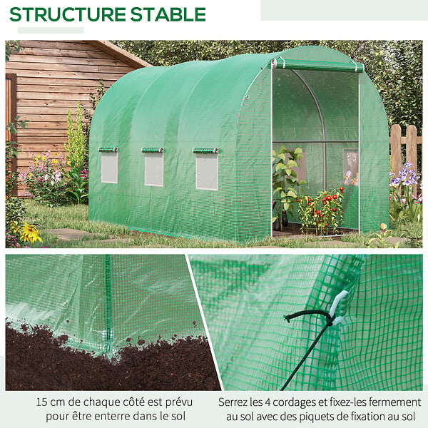 OUTSUNNY - Serre de jardin tunnel surface sol 6 m² 3L x 2l x 2H m châssis tubulaire renforcé porte zippée 6 fenêtres enroulables vert - large