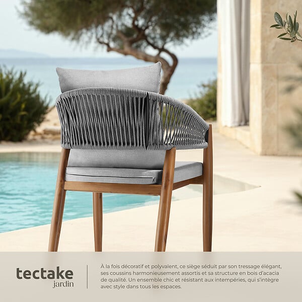 TECTAKE - 4 Places chaise de jardin bois d'acacia massif résistante aux intempéries rope design grège 59 x 58 x 76,5 cm - large