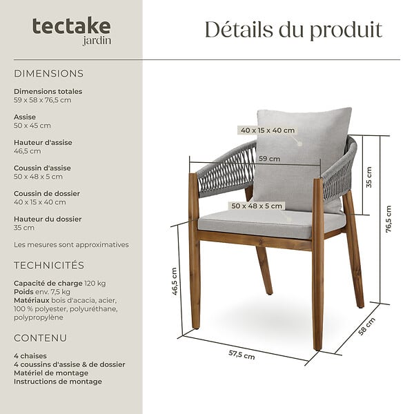 TECTAKE - 4 Places chaise de jardin bois d'acacia massif résistante aux intempéries rope design grège 59 x 58 x 76,5 cm - large