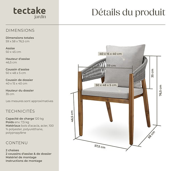 TECTAKE - Chaise de jardin MANACOR au design corde grège - large