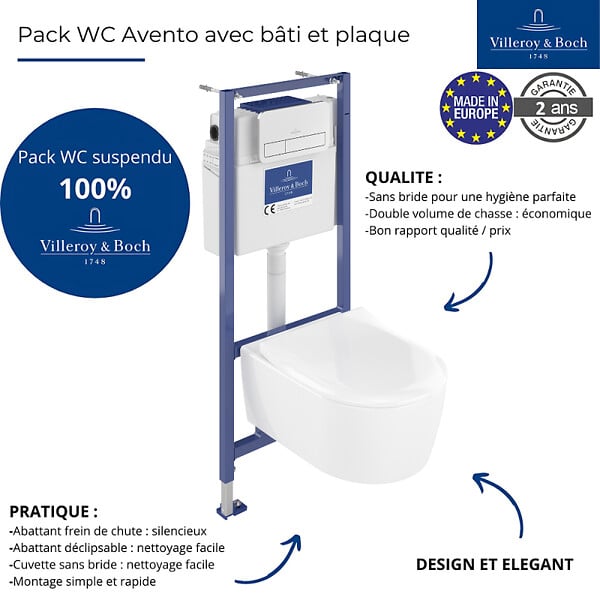 VILLEROY ET BOCH - Pack WC sans bride  Avento + Bâti support + abattant frein de chute + plaque chromée  + Tabouret bois - large