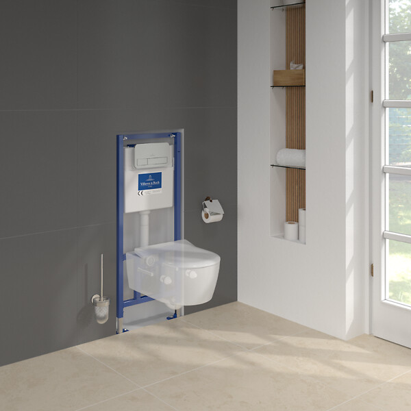 VILLEROY ET BOCH - Pack WC sans bride  Avento + Bâti support + abattant frein de chute + plaque chromée mat  + Tabouret blanc - large