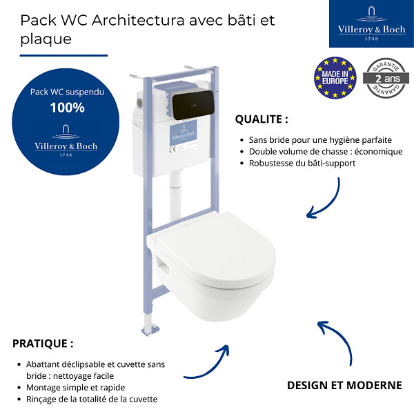 VILLEROY ET BOCH - Pack WC sans bride  Architectura abattant + bâti-support sol et mur + plaque noir mat  + Tabouret blanc - large