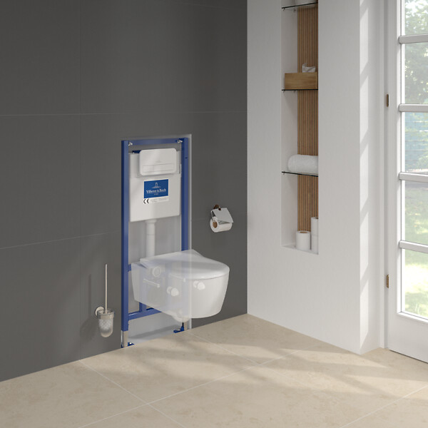 VILLEROY ET BOCH - Pack WC sans bride  Avento + Bâti support + abattant frein de chute + plaque blanche  + Tabouret blanc - large