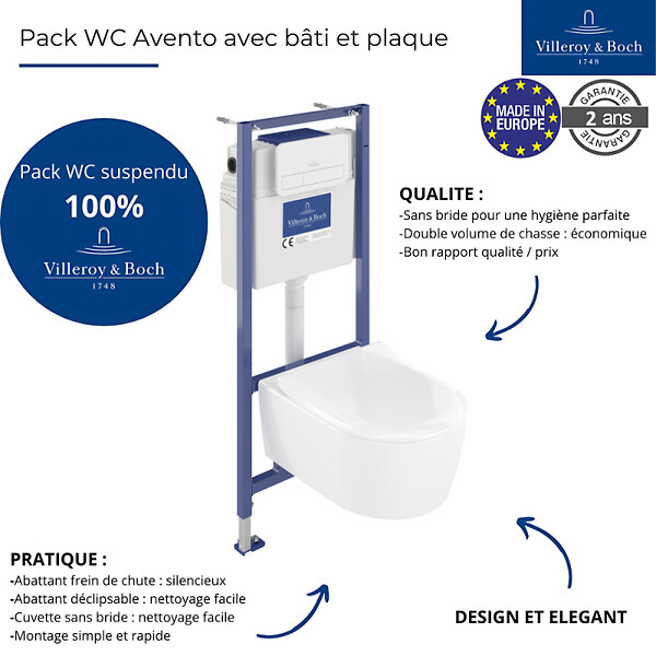 VILLEROY ET BOCH - Pack WC sans bride  Avento + Bâti support + abattant frein de chute + plaque blanche  + Tabouret blanc - large