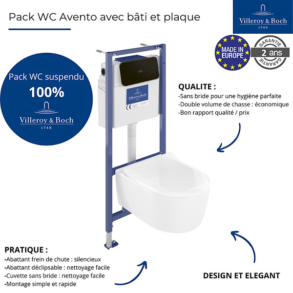 VILLEROY ET BOCH - Pack WC sans bride  Avento + Bâti support + abattant frein de chute + plaque noir mat  + Tabouret blanc - large