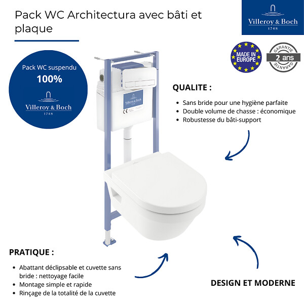 VILLEROY ET BOCH - Pack WC sans bride  Architectura abattant + bâti-support sol et mur + plaque blanche  + Tabouret bois - large