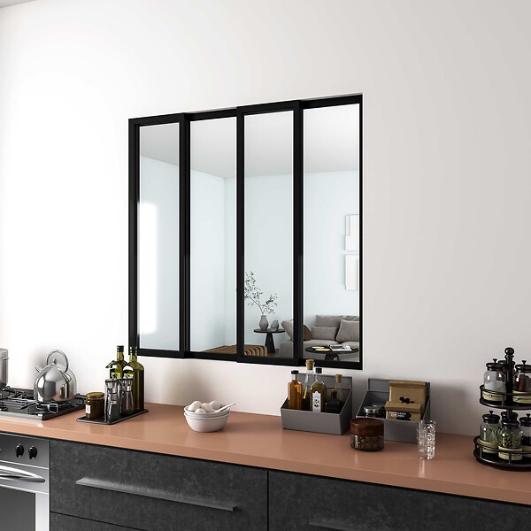 AICA SANITAIRE - Verière d'intérieur coulissante - L.1230xH.1080cm - verre trempé et transparant en 4mm - cadre et profilé noir mat - large