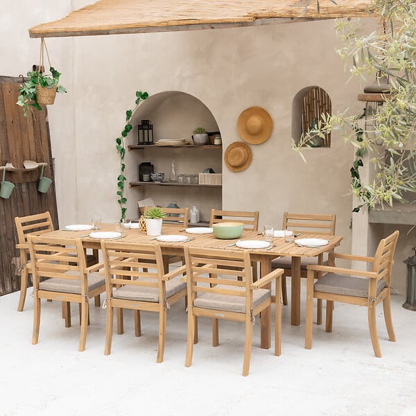 HAPPY GARDEN - Salon de jardin extensible 180/240cm PADAR en acacia 8 places - coussins sable - large