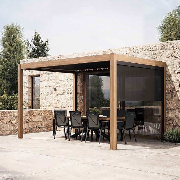 OVIALA - Pergola bioclimatique autoportée 3x4m et 1 store bois gris - Athenes - large