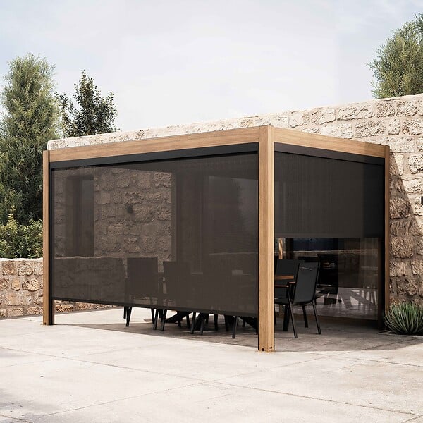 OVIALA - Pergola bioclimatique autoportée 3x4 m et 2 stores bois gris - Athenes - large